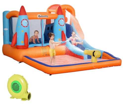 Outsunny Castello Gonfiabile per Bambini Piscina con Scivolo e Trampolino, Pompa Elettrica, 350x250x185cm, Multicolore