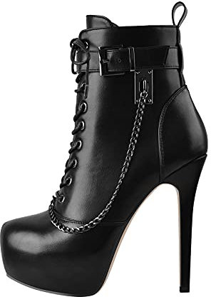 Only maker Plateau Stiefeletten mit Pfennigabsatz Schnürung Fesselschnallen Knöchelstiefel Schwarz EU 38