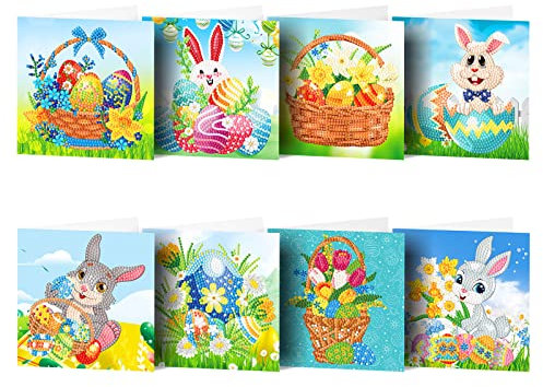 ZOYIEP 8er Set Ostern Grußkarten, Handgefertigte DIY 5D Diamond Painting Ostereier Hase Diamant Painting Bilder Grußkarten mit leeren Umschlägen