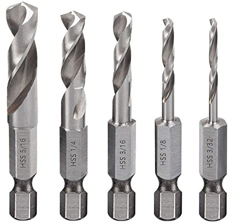 Saipor 5pcs 1/4 Quick Change Hex Shank Metal Stubby Drill Bits Short Drill Bit Set HSS M2 for Right-angle Drill Attachment and Used in Tight Spaces, 3/32, 1/8, 3/16, 1/4, 5/16-Inch