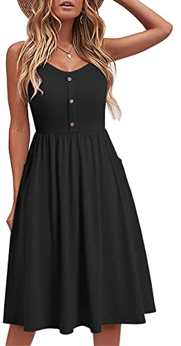 Yageshark Robe d'été pour femme, couleur unie, spaghetti, spaghetti, longueur genou, ligne A, boutonnée, robe midi, Noir , L