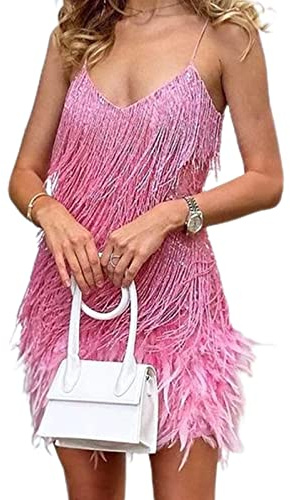 Valink Vestidos de fiesta con borlas de lentejuelas para mujer, llamativos, elásticos para noche, cóctel, fiesta, sexy, borla y correa de hombro