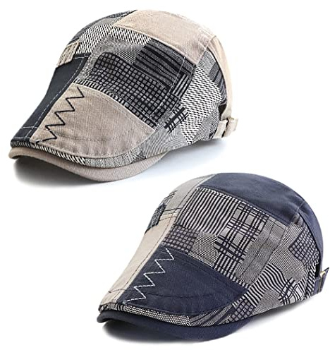 JFAN Coppola Basco Uomo in Cotone Berretto Vintage Regolabile Newsboy Flat cap Cappello Uomo Blu+Grigio Taglia Unica