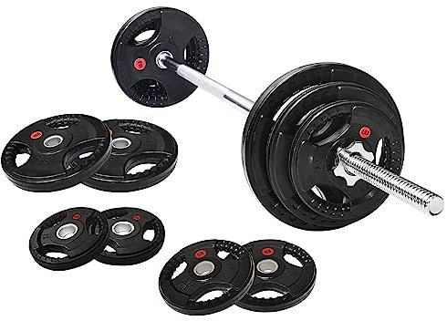 Signature Fitness Standard-Hantelscheiben aus Gusseisen, inklusive 1,5 m Standard-Langhantel mit Sternverschlüssen, 20,4 kg Set (15,9 kg Scheiben + 4,5 kg Langhantel), mehrere Pakete, Stil #4
