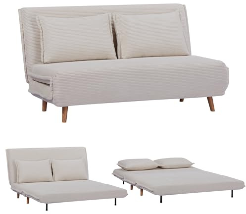 EVERGREENWEB Divano Letto Trasformabile in Letto Matrimoniale 140x190 con Materasso e Coppia Cuscini Imbottiti, Divanetto Clic Clac con Schienale Regolabile 2 Posti con Gambe in Legno, Bianco | VELVET