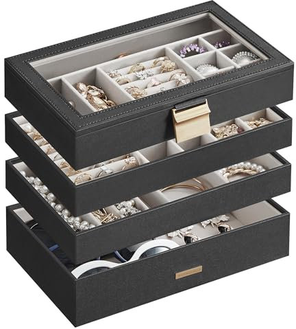 SONGMICS Stackable Jewellery Trays, 4-Tier Jewellery Box, Large Jewellery Case, Clear Glass Lid, 17 x 28 x 18.3 cm, for Dressing Table, Gift Idea, Ink Black JBC164B01