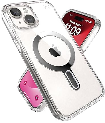Speck iPhone 15 Hülle – kompatibel mit MagSafe, 4,5 m Fallgetestet, antimikrobielle, schlanke Handyhülle für iPhone 15,5 cm (6,1 Zoll) – Presidio Clear ClickLock – klar/klar/Chrom-Finish/Serene Silver