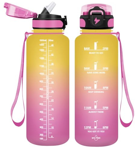 Vikaster 1,5 l drickflaska med sugrör, BPA-fri 1 500 ml, läckagesäker plastvattenflaska, drickflaska för yoga, resor, fitness, vandring, utomhus