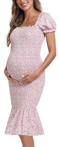 Maternity Summer Floral Midi Bodycon Dresses, Long Puff Sleeve Square Neck Ruffle Hem Mermaid Baby Shower Dress, Ivory Pink Florl, S
