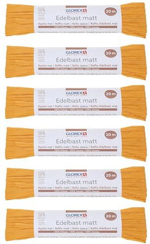 GLOREX 6 9400 501K - Raffia Edelbast, 6 Bündel je 20 m matter Bast, Gelb - zum Basteln, zur Dekoration oder für Gestecke, Sträuße und andere floristische Arbeiten