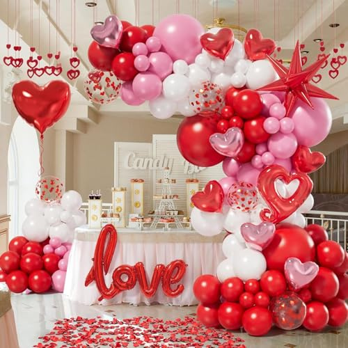 156pc Valentines Day Balloon Garland Arch Kit with Pink White Red Confetti Heart Foil Explosion Star Rose Petals for Anniversary Wedding Romantic Decorations