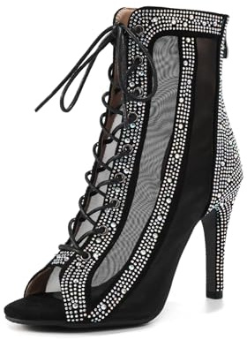 YCALCP Botas de Baile Latino Mujer Punta Abierta Pedrería Profesional Botines de Baile Salsa Tango y Bachata Zapatos de Baile, Negro, 40 EU