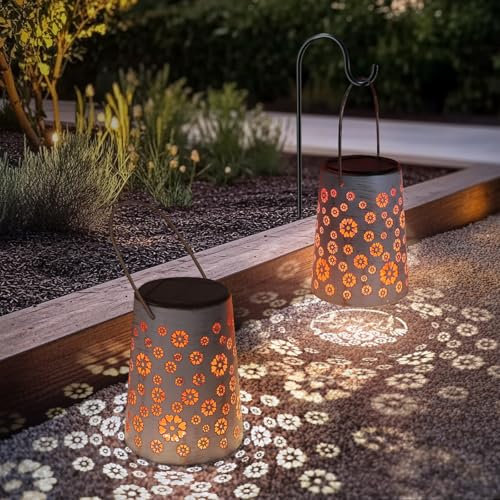Ketom 2 Piezas Farolillos Solares Exterior, IP65 Impermeable Faroles Solares, Metal Lampara Solar Jiardin, Colgante/De Pie, para Decoración Terraza Balcón Camping, Motivo del Fiore D'amore, Bianco