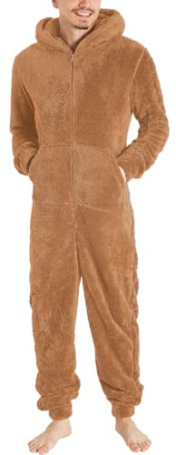 Men's Hooded Loungewear Onesies Solid Colour Plush Long Sleeve Threaded Zip Comfortable Casual Lightweight Soft Classic Winter Warm Cozy Snuggle Fleece Nightwear Pyjamas Brown
