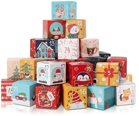 24 Cajas de Calendario de Adviento para Rellenar, Calendario de Adviento DIY Vacío con Números, 2025 Cajas de Navidad de Calendario Personalizable para Galletas, Caramelos, Decoración de Navidad
