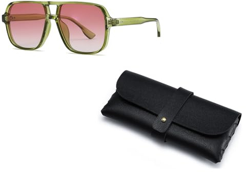 YULIAO Occhiali Sole Quadrati Grandi Anni ' 70, Occhiali Da Sole Pilot, Occhiali Quadrati Bambino, Custodia Per Occhiali In Pelle Nera, Leggero e Portatile, Cornice Verde