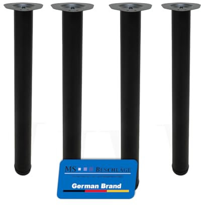 MS Beschläge Tischbeine 4er Set Metall 710mm höhenverstellbar Ø60mm Schwarz matt - individuell kürzbar - Tischfüße für Küche Büro Esstisch Schreibtisch DIY Möbel - inkl. Montageplatten