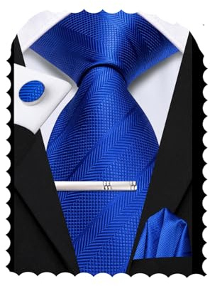 Hi-Tie Mens Royal Blue Ties Set Silk Ties for Men 4 PCS Plain Necktie Pocket Square Cufflinks Clip Pin Set for Wedding