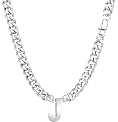 SAMORION Cuban Chain Men Birthday Gift Jewellery Letters Width Hip Hop Silver Stainless Steel Chains Necklace for He (J)