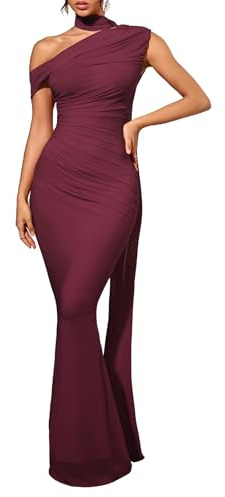 CurvySweet Women's One Shoulder Formal Evening Gown Built-in Bra Ribbon Elegant Bodycon Mesh Ruched Maxi Dress X-Large Burgundy