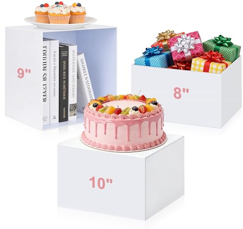 Acrylic Buffet Risers 3 Pcs 8x9x10 Inch Food Cake Display Riser w/ Signs a Pen Catering Dessert Jewelry Figures Rack Collectible Table Decor Fruit Bread Container Display Stand White Cube Showcase Box