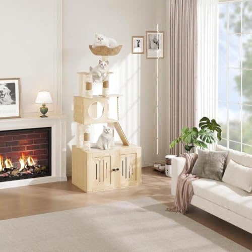 Arbre à Chat Multi-Niveaux avec poteaux sisal, bac à litière intégré, Grand condo, hamac et Coussins lavables, idéal pour la Maison