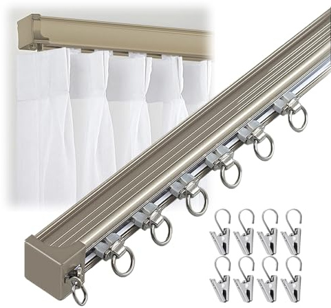 Silent Track 1-lagers aluminiumstång för vägg/takmontering, smidig glidning, 50–600 cm justerbar med klämmor (champagne 355 cm) – perfekt för heminredning.