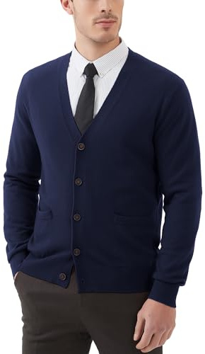 Kallspin Men’s Wool Blend Cardigan Sweater V Neck Button Front Knitwear Long Sleeve Smart Casual Jumper(Navy Blue, X-Large)
