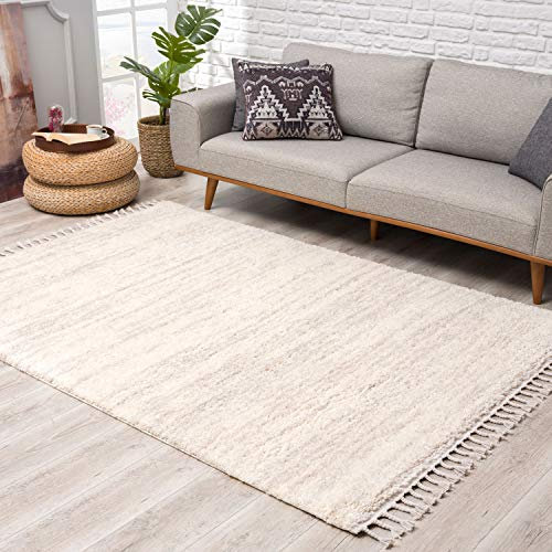 Teppich Hochflor Wohnzimmer - Ethno Stil Meliert 160x230 cm Creme - Teppiche mit Fransen