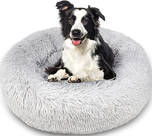 Enjamoy Dog Bed Donut Large Calming Pet Bed, Grey 80cm | Round Pet Cushion for Medium Dog, Long Plush Reduce Anxiety, Non Skid Bottom, Machine Washable