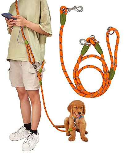 Laisse Mains Libres pour Chien en Bandoulière, Idéale pour Course, Randonnée et Marche – Nylon Robuste Réfléchissant, Boucle Anti-nœud 360° – pour Chiens Moyens et Grands(Orange)