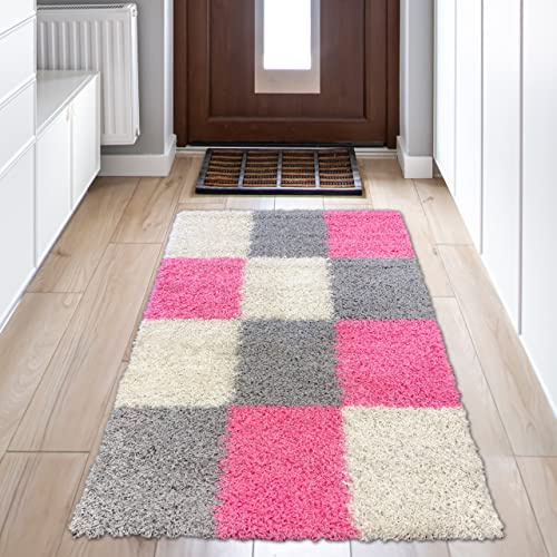 Teppich-Traum Soffice tappeto shaggy a pelo alto con motivo a quadri in rosa grigio crema 60x110cm