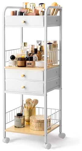 HBlife Floor Makeup Organizer Storage Cart, Make Up Organizers with Drawers, Vanity Cosmetics Display Cases Holder for Skincare Nail Polish Perfume, Bathroom Organizer Shelf with Wheels
