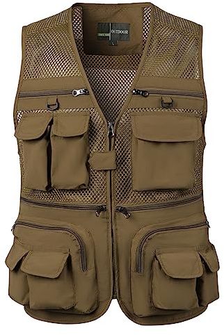 RUMAOZIA Chaqueta para hombre al aire libre de pesca, casual de malla, de secado rápido, multifuncional, para trabajo, viaje, fotografía, sin mangas, con muchos bolsillos prácticos, O Khaki, XL