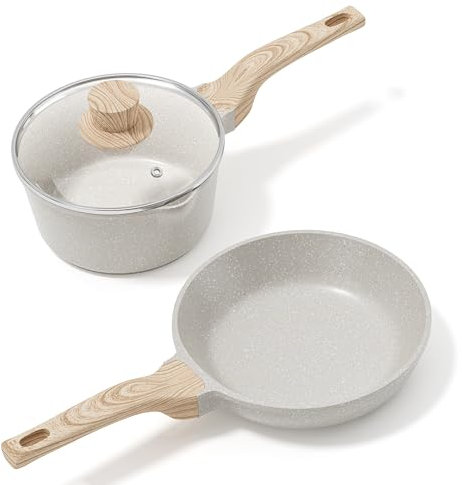 RIOVARM Antiadherente Sartén, Inducción Juego de sartenes con Tapa, 18cm Cazo, 20cm Sartén con revestimiento de granito, Juego de utensilios de cocina sin PFOA, Sartén de Leche, Sartén Omelete