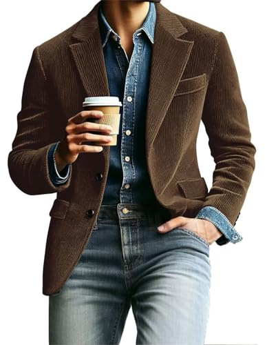 CKGJLJ Mens Corduroy Blazer Vintage Suit Jacket Dark Brown Slim Fit Corduroy Casual Sport Coat for Prom Blazer Dark Brown Corduroys Men's Blazers Suit Jackets XL 44r Christmas Sport Coat