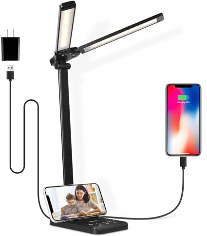 Semlos Schreibtischlampe Led, Tischlampen 5 Beleuchtungsmodi, 5 Helligkeitsstufen, Dual-Kopf, Touch-Steuerung, Schwarz