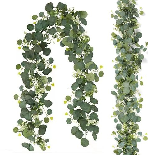 Guirnalda de eucalipto, 180 cm, eucalipto artificial, simulación de eucalipto, decoración de hojas de manzana, vid, flores artificiales, corona de eucalipto, corona de boda, decoración de plantas