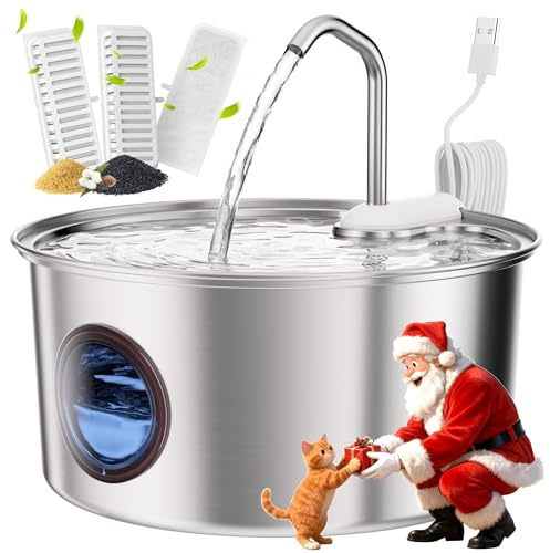Cat Water Fountain Stainless Steel - 108oz/3.2L Automatic Cat Water Fountain for Drinking with 3PCS Filters, Metal Pet Water Fountain Water Dispenser for Cats, Puppy, Multiple Pets
