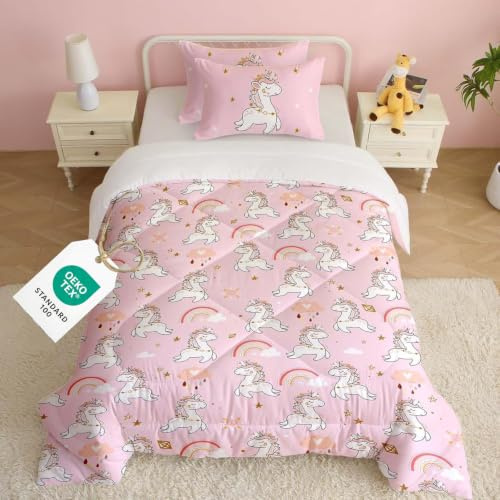 CINYE Pink Unicorn Coverless Duvet Single,Coverless Duvet For Girls/Kids, Quilt Single with Unicorn and Rainbow, 250GSM Comforter 135x200 cm with one 50x75cm pillowcase, 4.5-7.5tog, 100% Microfiber