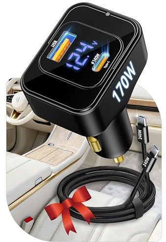Ushigoo Fast Car Charger for iPhone 17 Sumsung Fast Charging Cigarette Lighter Adapter Accessories, Multi Device Family Travel Road Trip Essentials, 170W USB C 12V-24V 140W PD3.1, LED Display