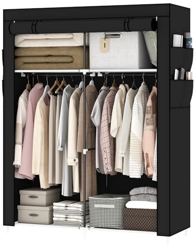 OPPAIYA Canvas Wardrobes, Portable wardrobe With 2 Hanging Rails, 4 Storage areas、8 Side Bags, 165 * 45 * 105cm Temporary wardrobes, Canvas wardrobe for bedroom - Black