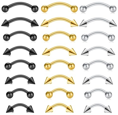 Srumvoat 24 Pcs Eyebrow Piercing Jewelry, Surgical Steel Curved Barbell, Tiny Eyebrow Ring, Vertical Labret Lip Jewelry, Helix Conch Daith For Women Men, Gold + Black + Silver, 16G 6mm-12mm