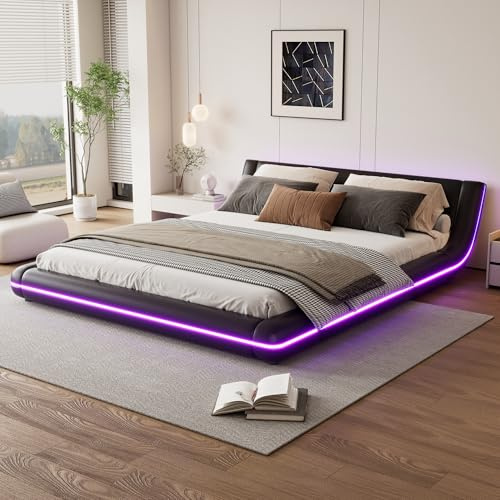 Huayz Letto Imbottito LED 160x200 cm con Rete a Doghe, Letto a Terra in Ecopelle - Design ad Arco Letto per Giovani Letto con Struttura Matrimoniale, senza Materasso (Nero, 160×200cm)