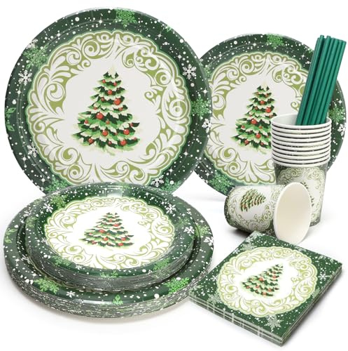 PARTY GO 125 Pezzi Piatti Natalizi Usa e Getta, Piatti Carta e Bicchieri Tovaglioli Natalizi Motivo Albero di Natale Verde Stoviglie Monouso per Feste Servizio da 25 Persone