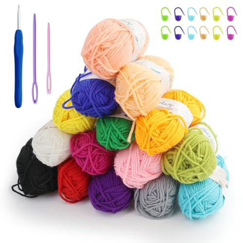 Häkelgarn 15 Farben x 25g Acryl Wolle Zum Häkeln Wolle Zum Stricken Häkelwolle für Anfänger Crochet Yarn für Häkeln Stricken und Handwerk