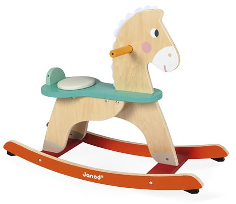 Janod - Caballo balancín evolutivo de Madera - Patines Antideslizantes + cojín + Arco de Seguridad extraíble - Juguete de estimulación - A Partir de 12 Meses
