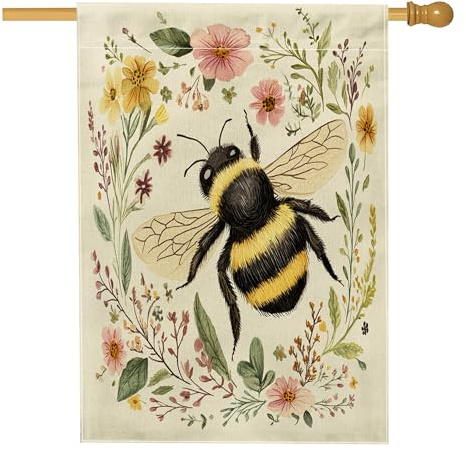 Drapeaux de maison bourdons de printemps 71,1 x 101,6 cm double face, plantes florales vintage avant cour arrière-cour drapeaux verticaux en toile de jute pour décoration extérieure