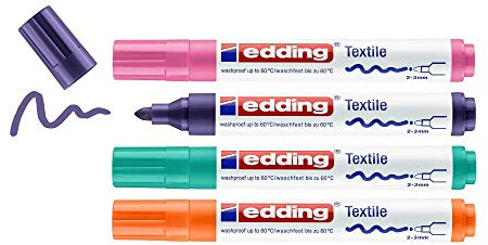 Edding 4500 Marqueur pour textiles - orange, violet, rose, vert - 4 pièces - pointe ronde de 2-3 mm - feutre textile lavable en machine (60 °C) pour décorer le tissu - marqueur textile