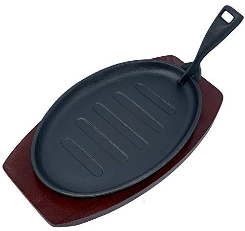 Besto Cast Iron Sizzler Plate Oval Serving Pan, Pre-Seasoned Fajita Platter with Wooden Trivet for Serving Hot Sizzling Dishes (27cm x 17.5cm)